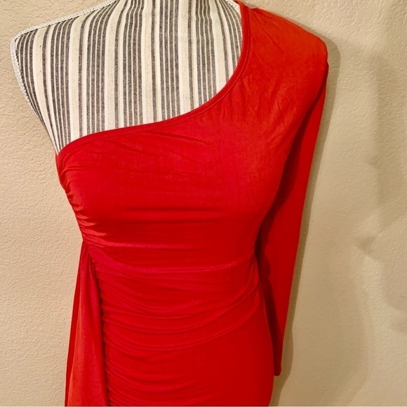NEW Sexy Bodycon Dress Small Red Maxi Spandex Stretch One Sleeve Ruffled NWOT - Picture 14 of 14
